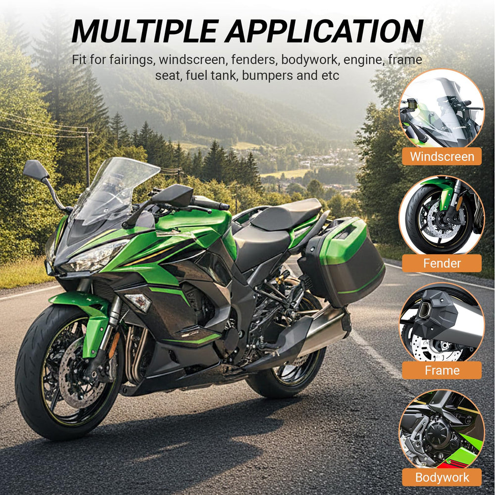 Bolts installed on a sportbike illustrating universal fit and reliable clamping