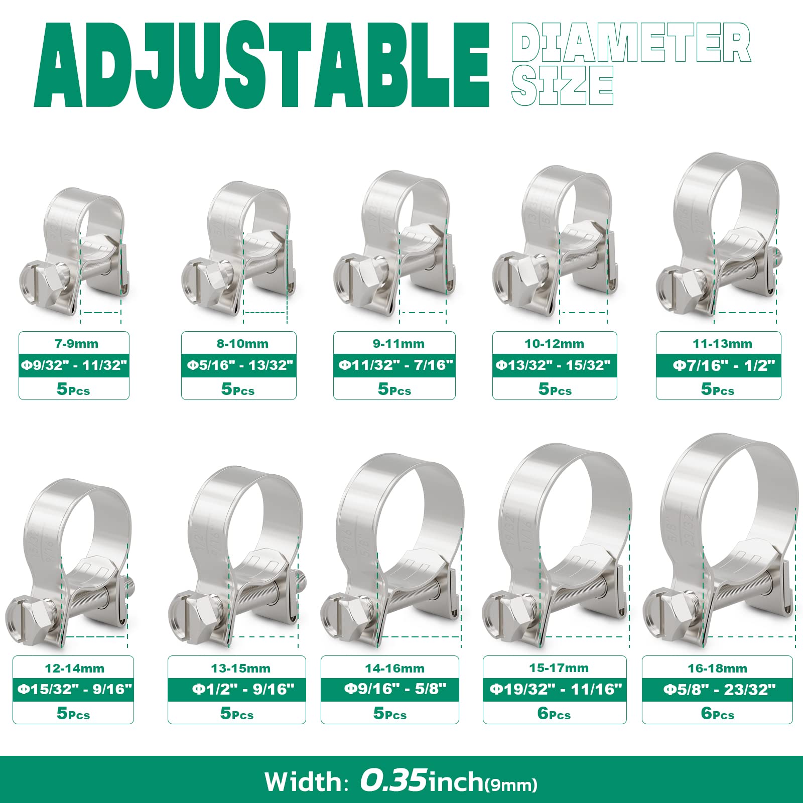 OURU clamp set with 10 sizes marked in inches for precise fitment during repairs.