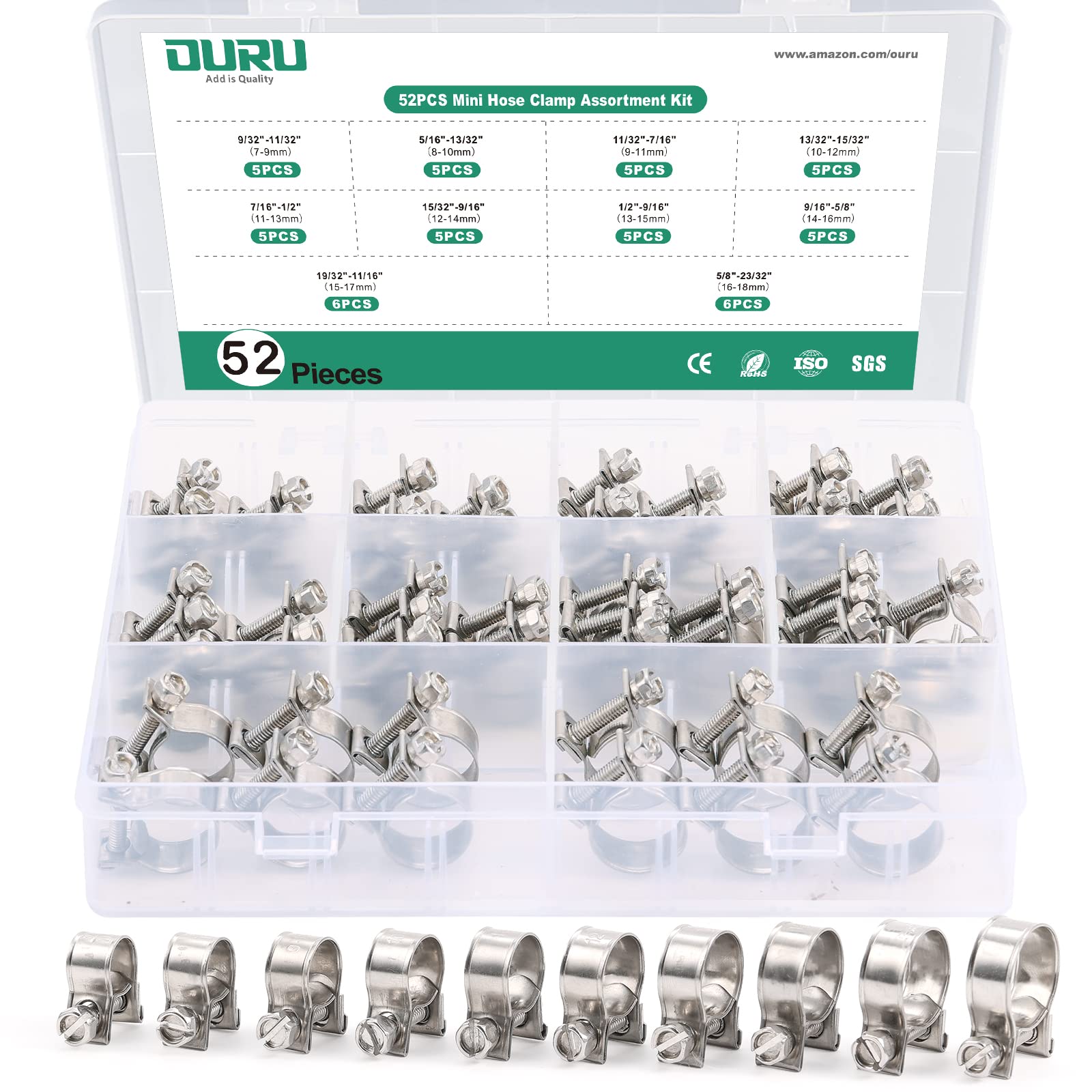 OURU 52pcs fuel line clamp assortment box keeps clamps organized for quick projects.