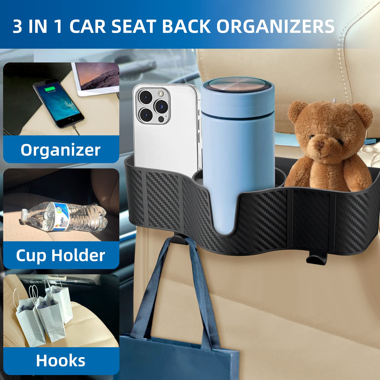 OUSHASAA backseat organizer showing secure hook system for headrest bars.
