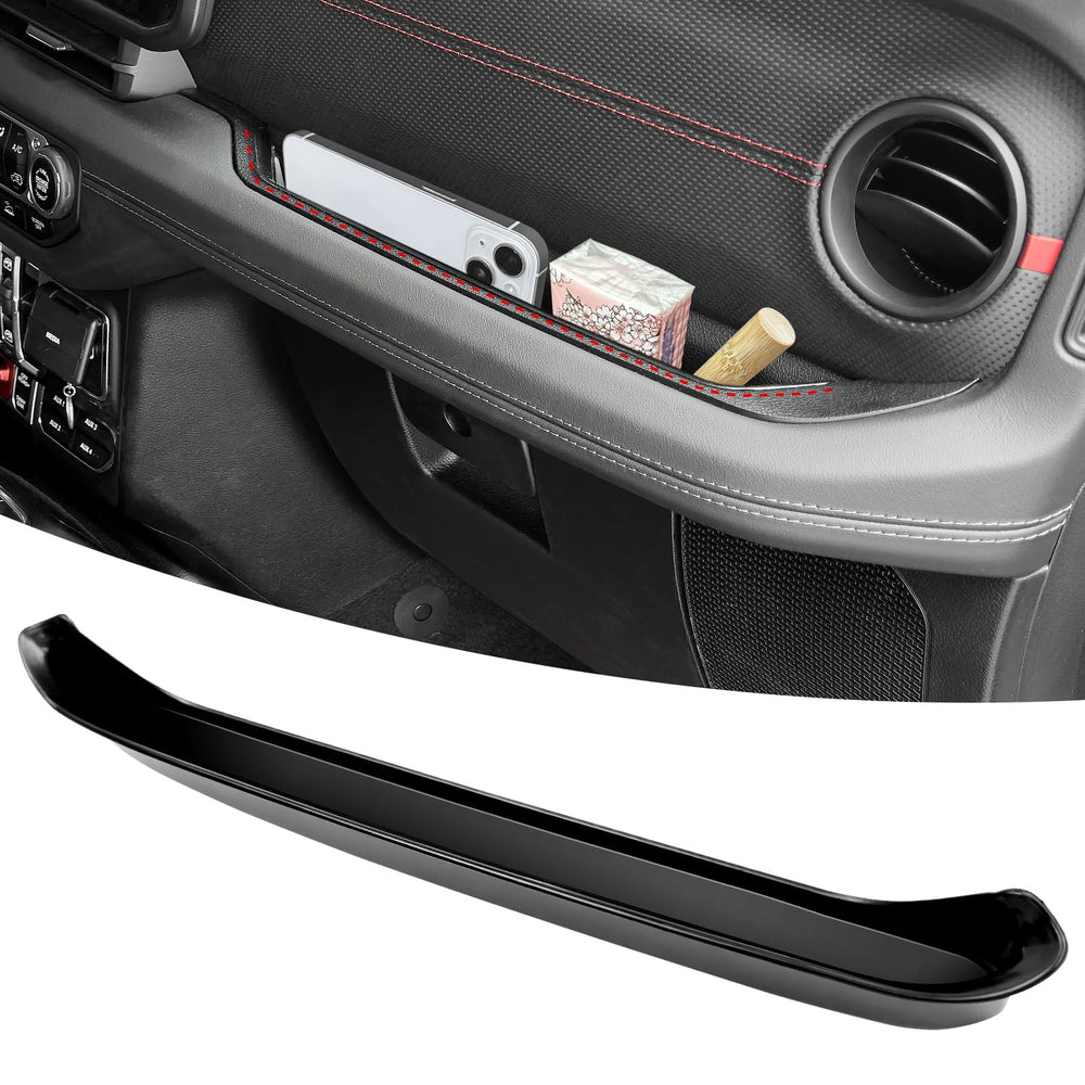 OUSUWO grab bar tray organizer for Jeep Wrangler JL fits snugly and keeps essentials organized on road trips.