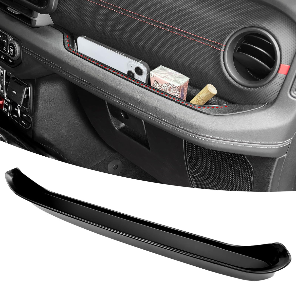 OUSUWO grab bar tray organizer for Jeep Wrangler JL fits snugly and keeps essentials organized on road trips.