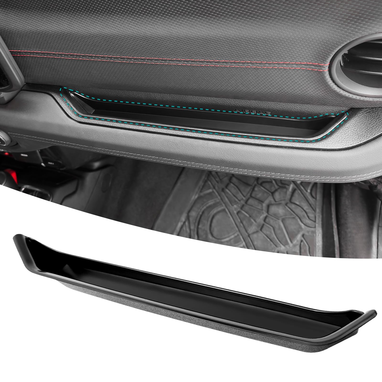 OUSUWO grab bar tray organizer for Wrangler JL with secure passenger side storage.