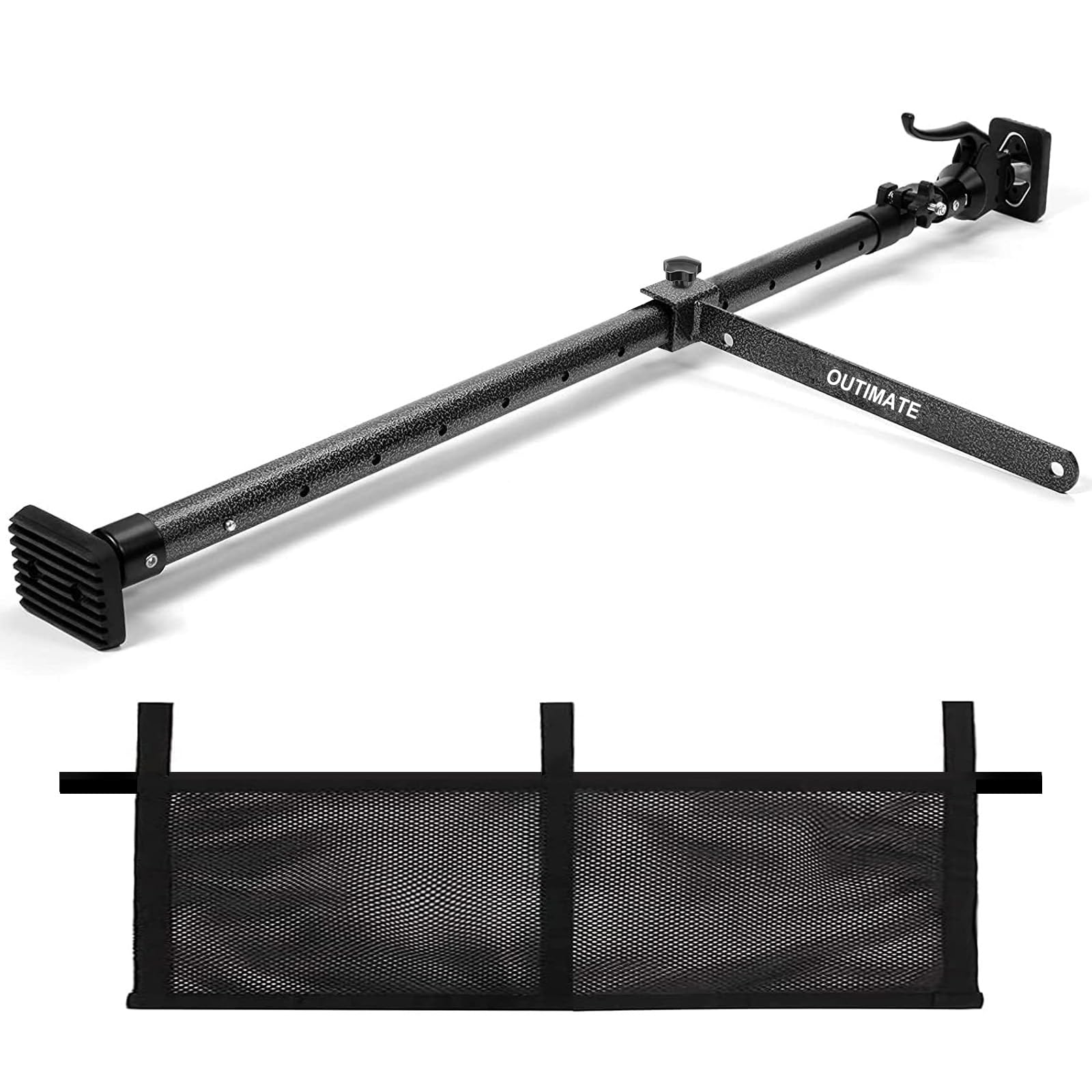 OUTIMATE Cargo Bar extended to 70 inches, securing items in a pickup bed.