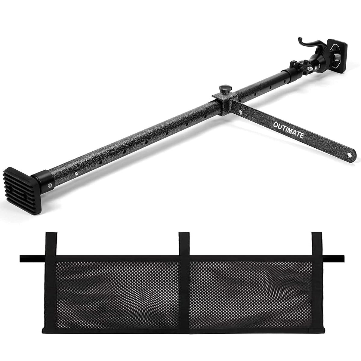 OUTIMATE Cargo Bar extended to 70 inches, securing items in a pickup bed.