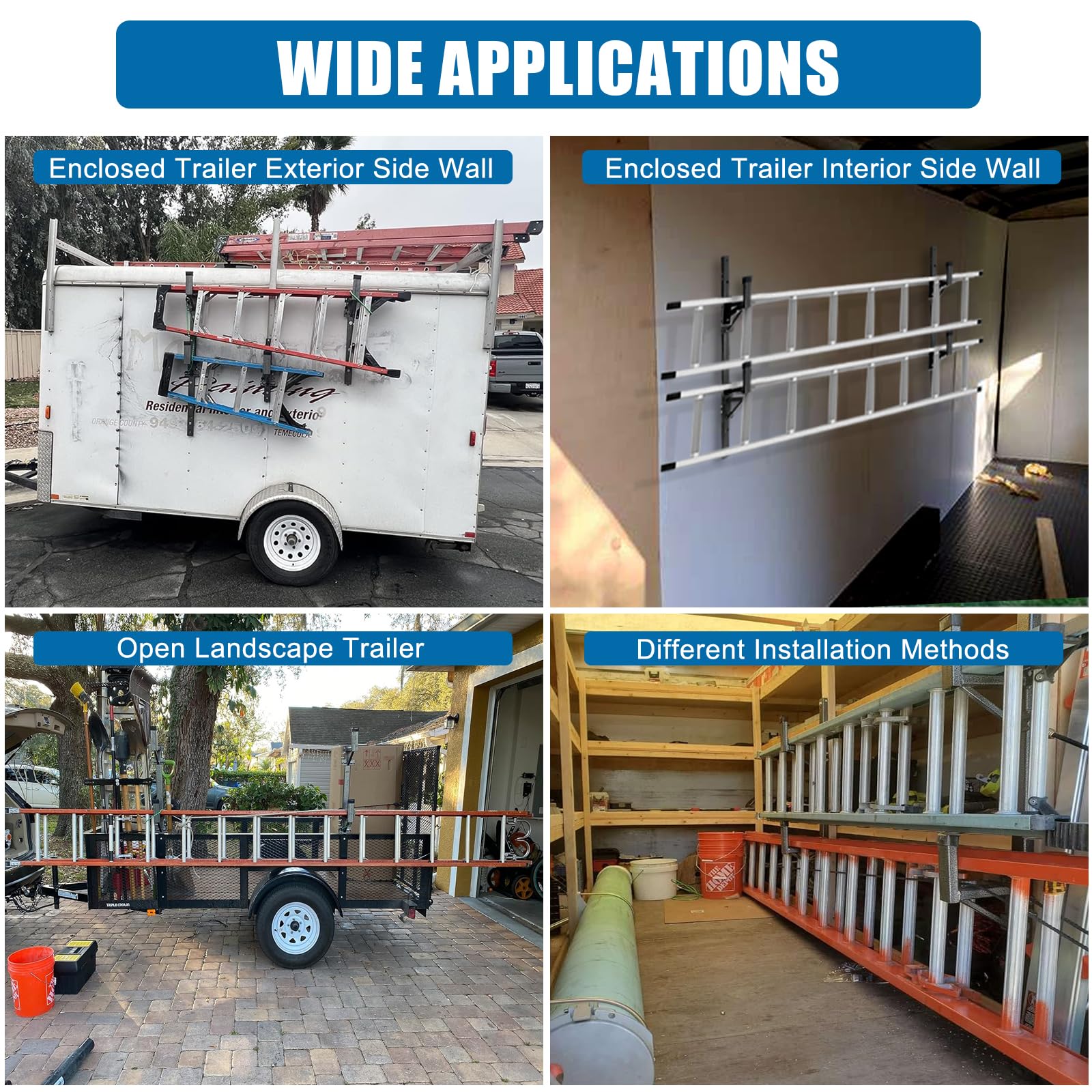 OUTPRIZE carry-two ladders setup on exterior trailer wall during trips.