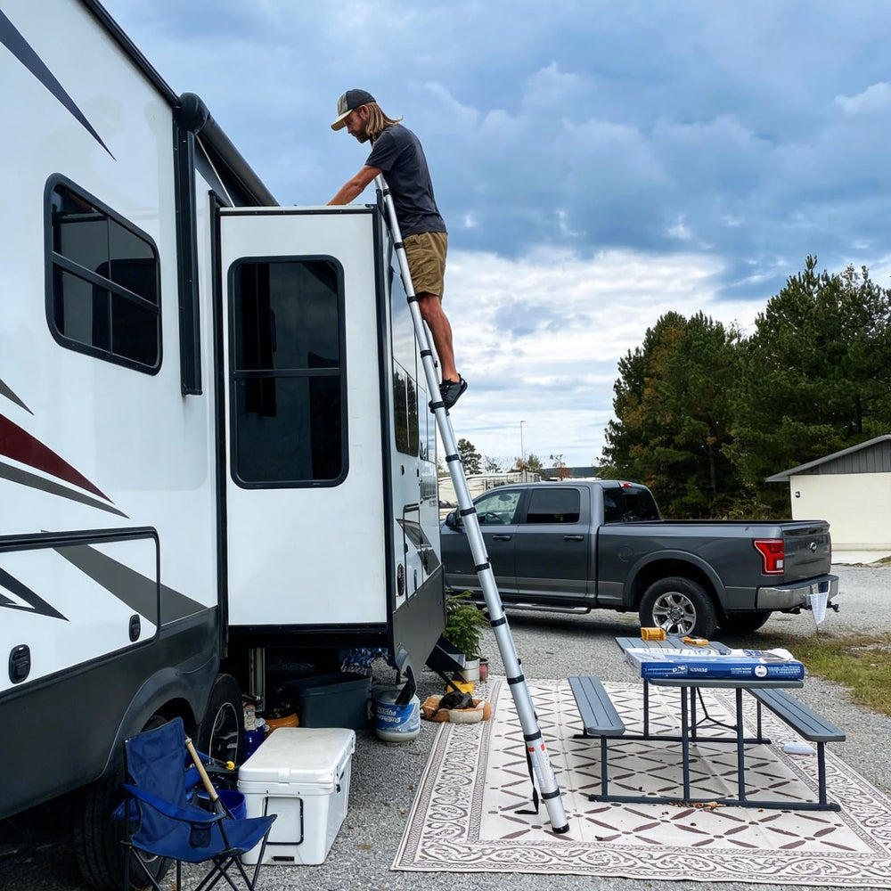 OUTPRIZE portable-lightweight-design RV ladder travels with you for quick setup.