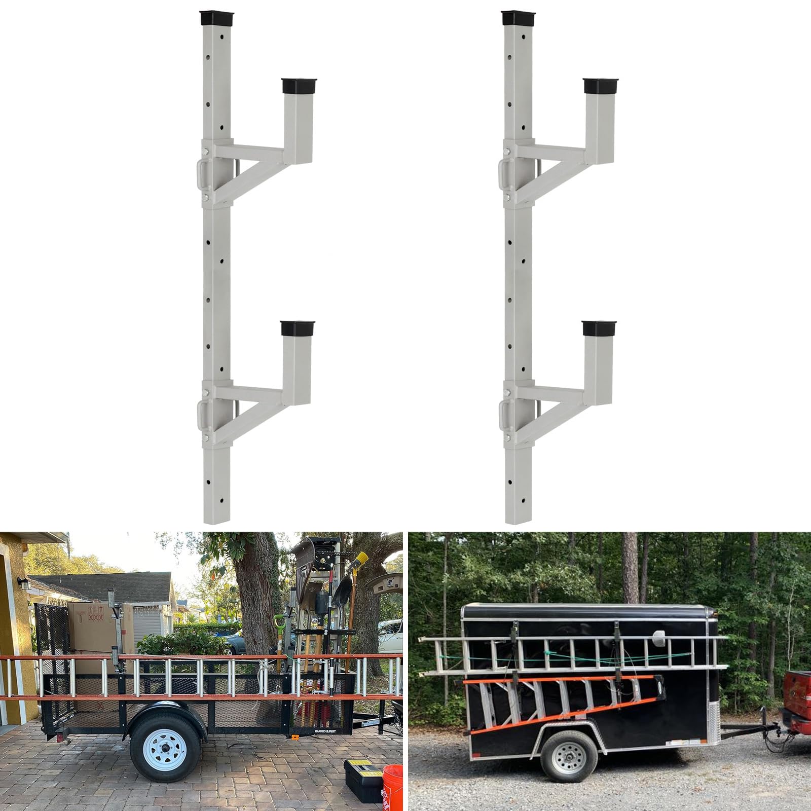 OUTPRIZE side-mount ladder rack on an open trailer secures ladders for transit.