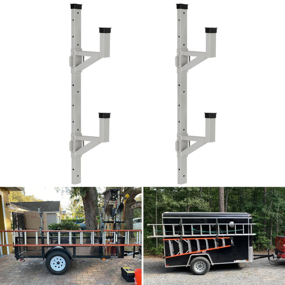 OUTPRIZE side-mount ladder rack on an open trailer secures ladders for transit.