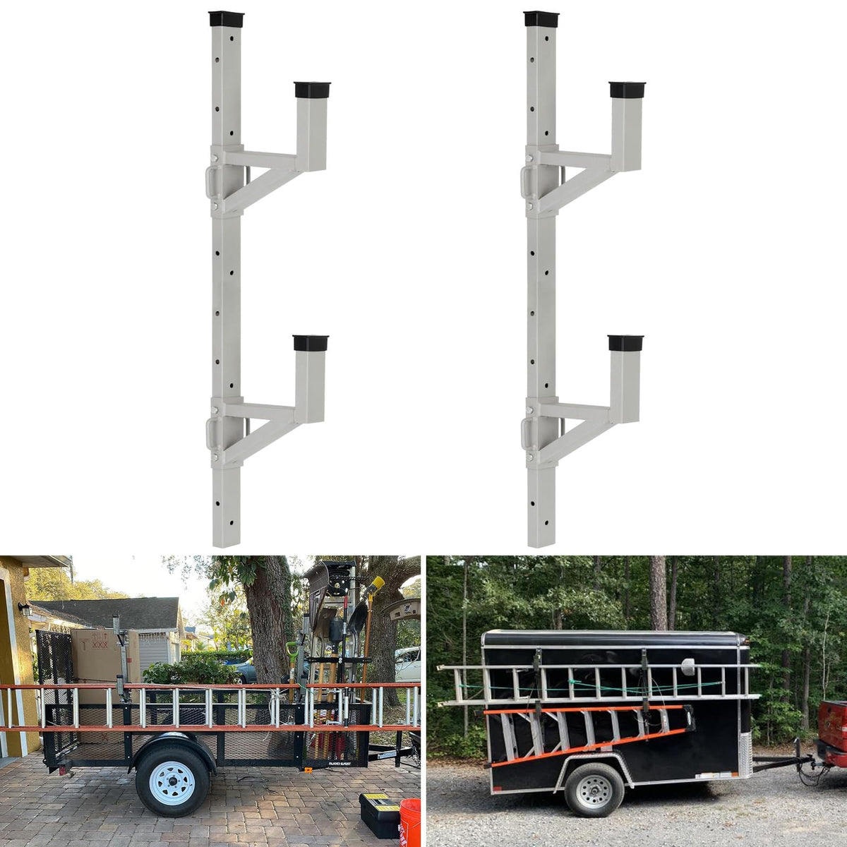 OUTPRIZE side-mount ladder rack on an open trailer secures ladders for transit.