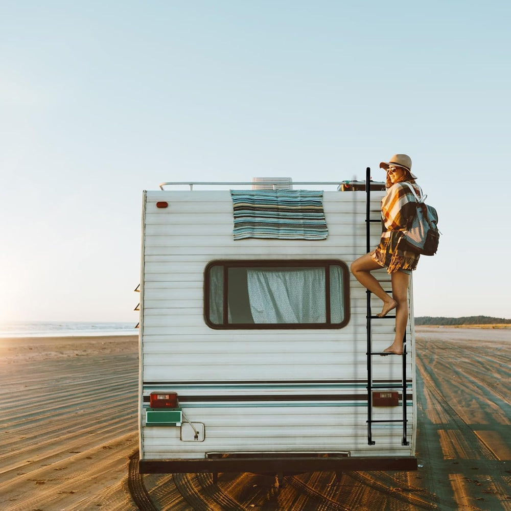 OUTPRIZE ladder rear angle emphasizes universal fit for most RVs and safe climbing
