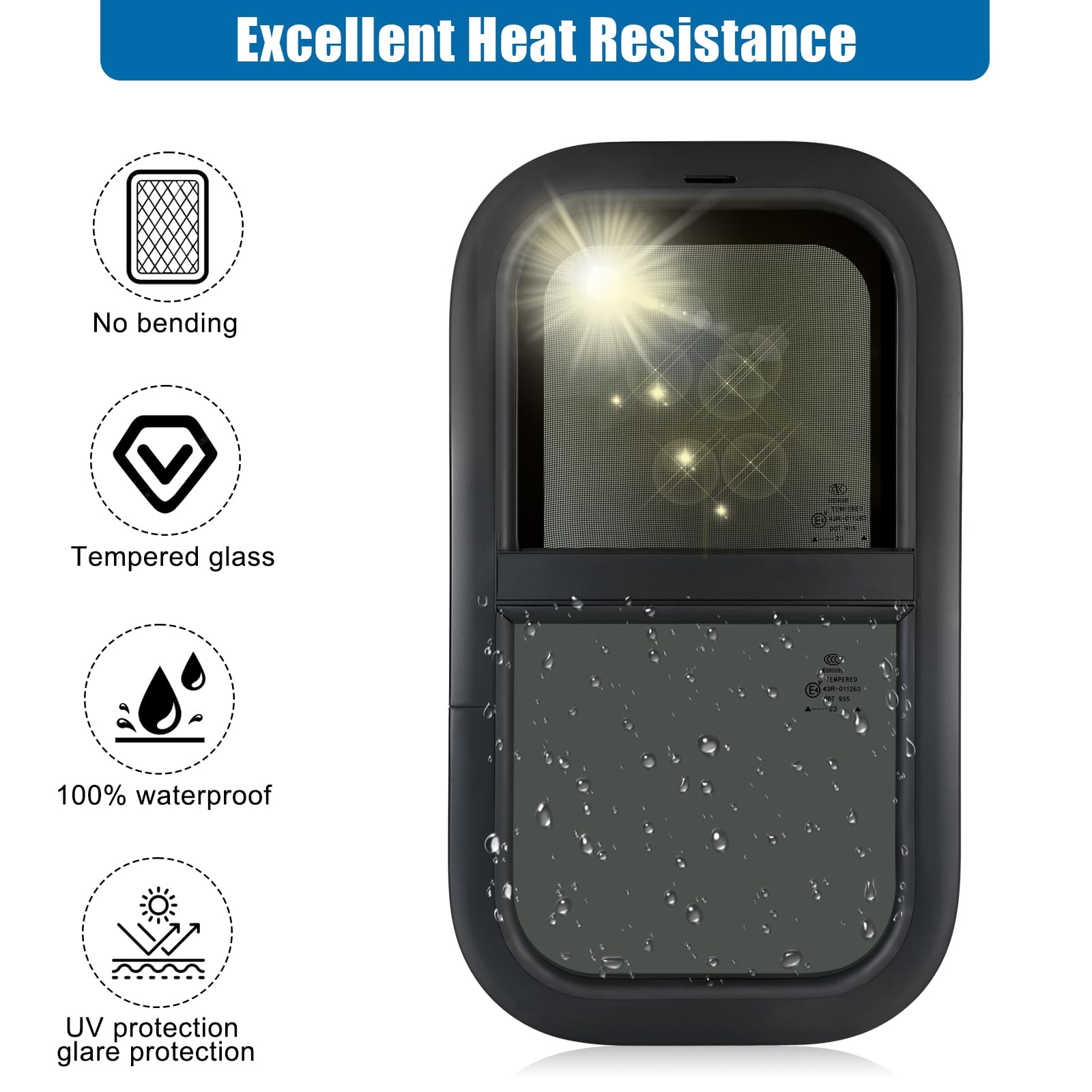 OUTPRIZE vertical RV window showing rough opening measurement guidance