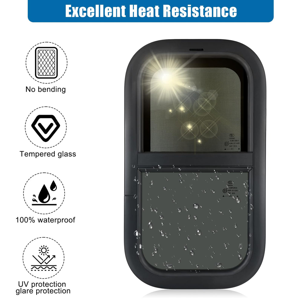 OUTPRIZE vertical RV window showing rough opening measurement guidance