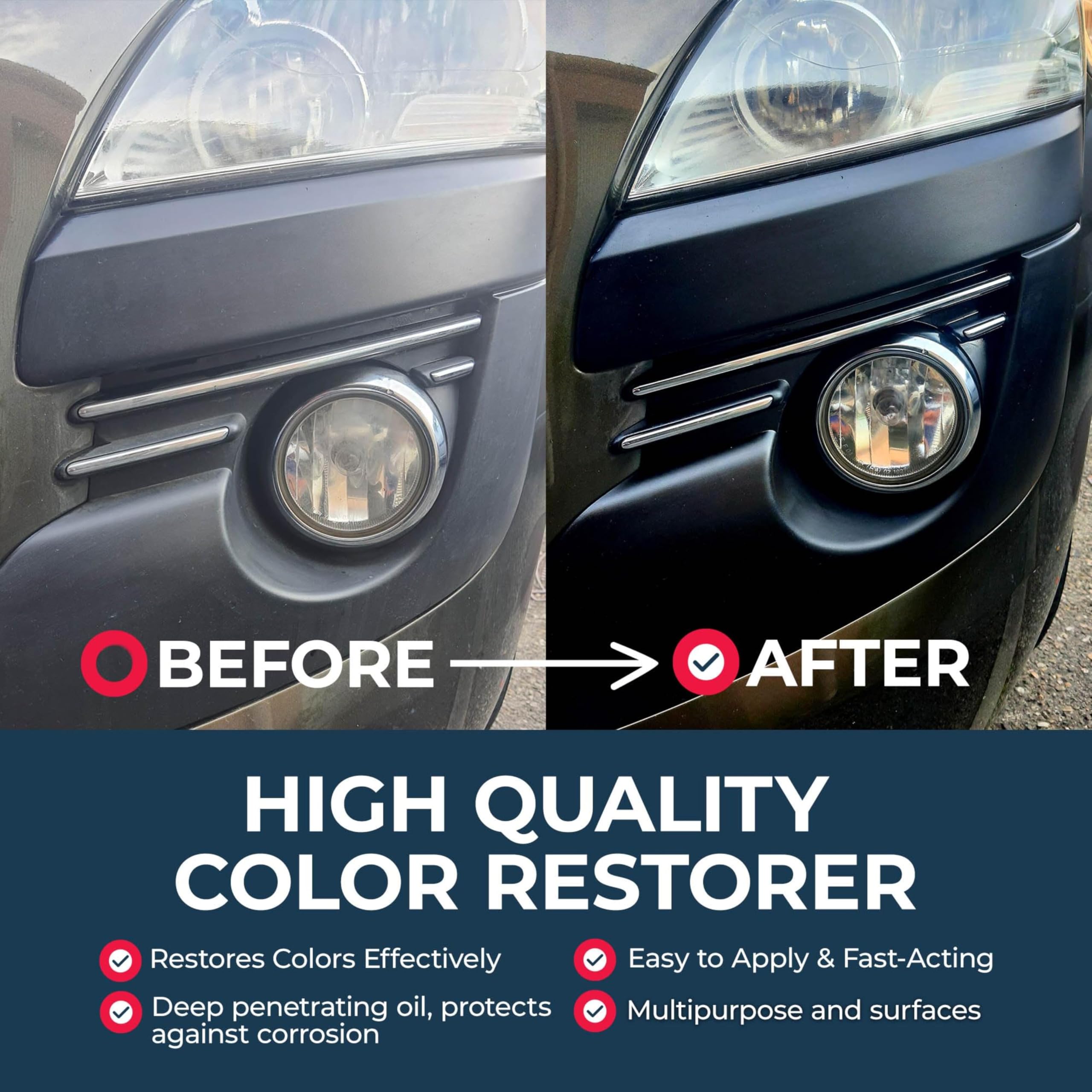 Close-up of chrome and plastic revival with Polytrol on car trim.