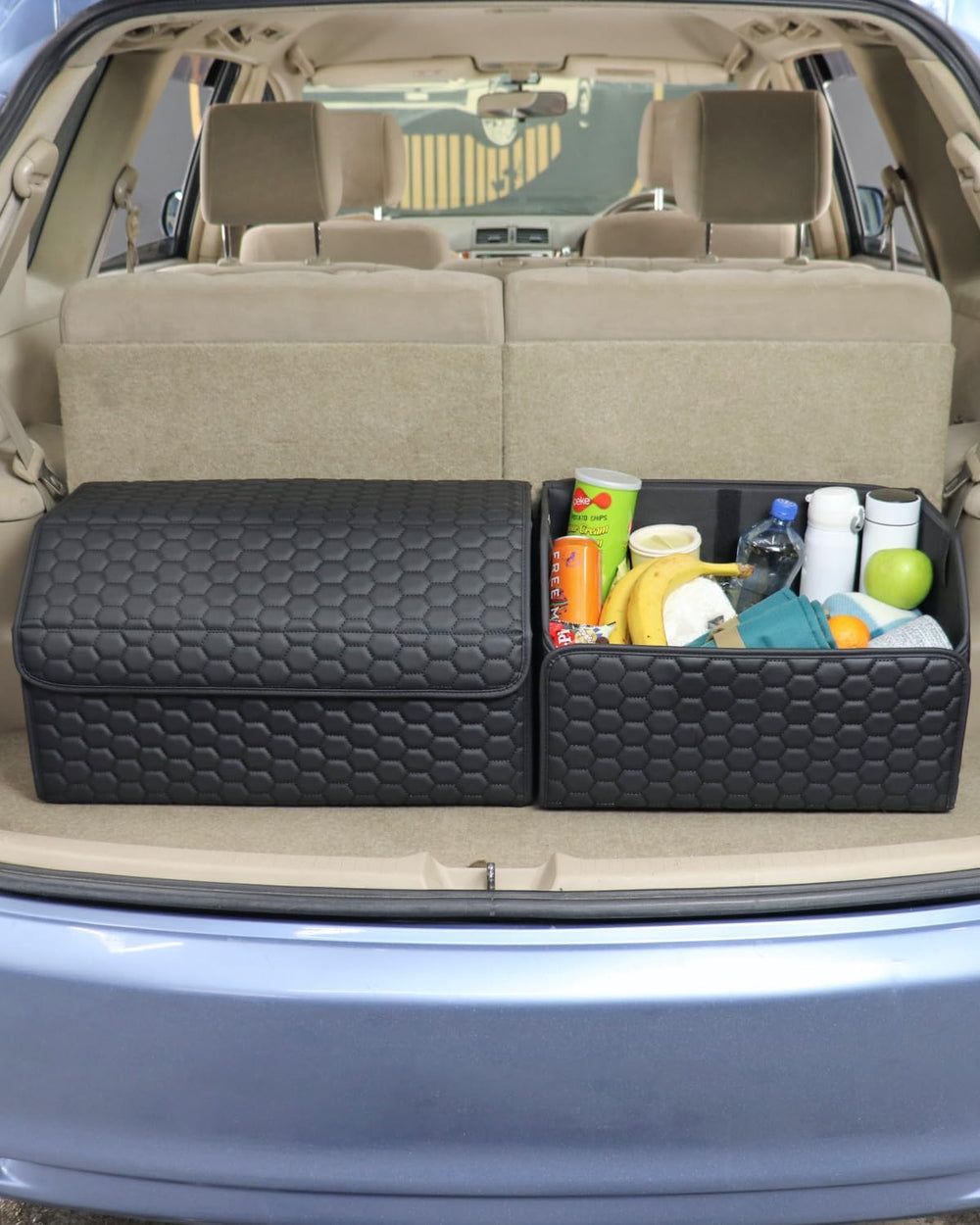 Owleys Trunk Organizer folded flat for compact storage in the trunk.