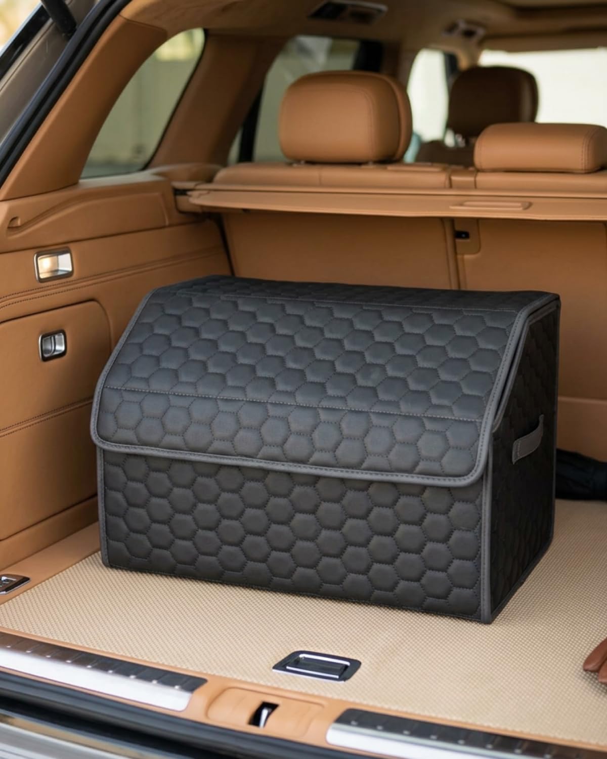 Owleys Trunk Organizer opened to reveal secure compartments for groceries on a road trip.