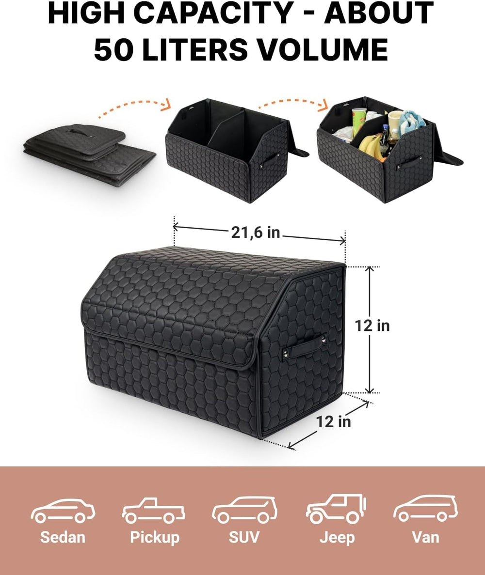 Owleys Trunk Organizer reinforced seams and panels provide durable stability on highway drives.