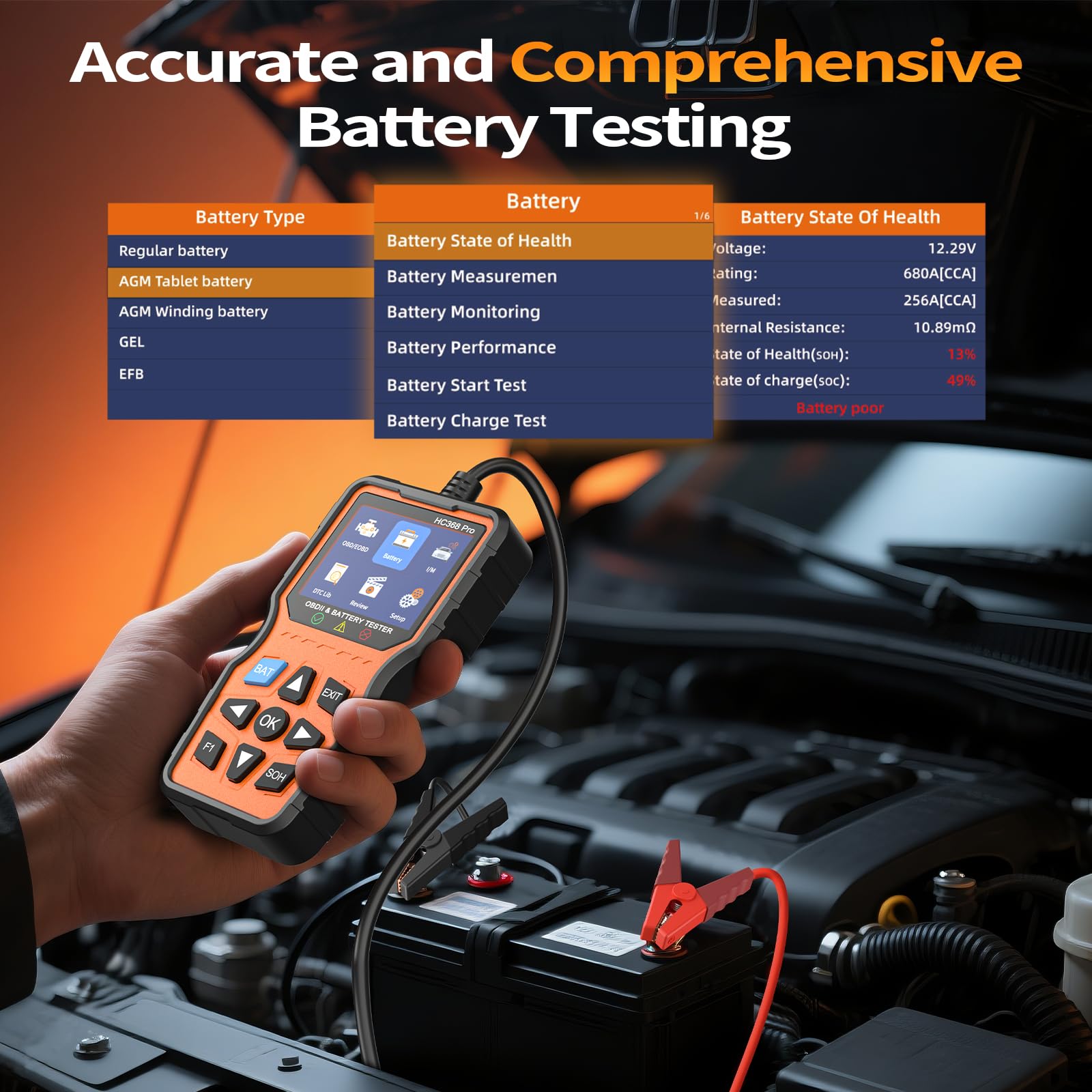 OWMSIC OBD2 Scanner battery analysis screen highlights voltage, SOC, and CCA.