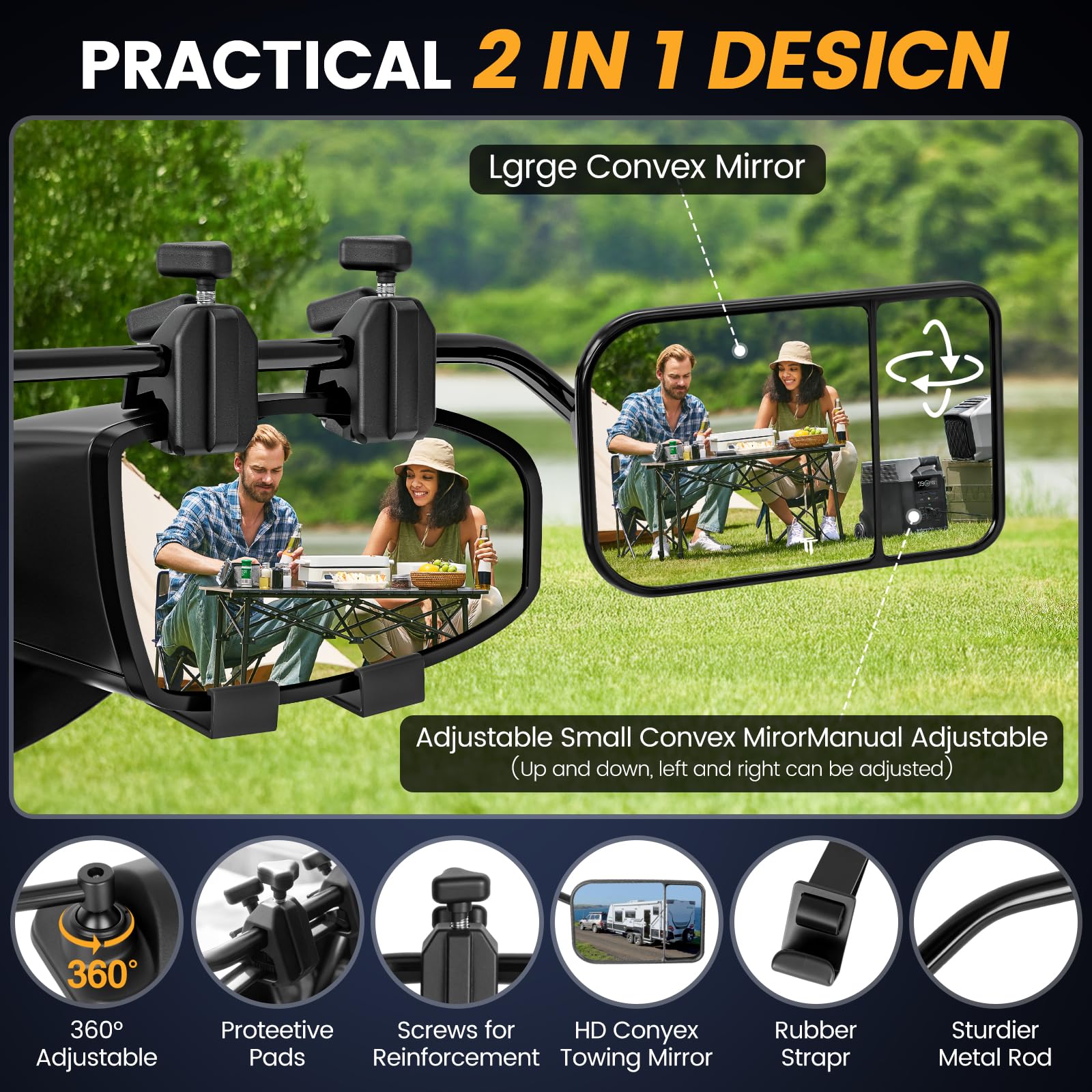 Oxerbog dual-view convex towing mirror offering a wide angle for caravanning.