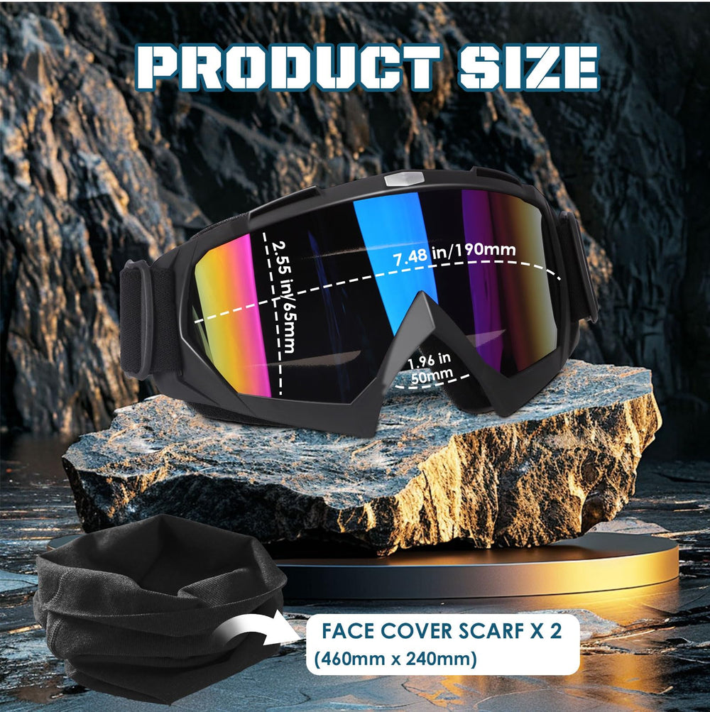 OXG dirt bike goggles with multicolor lens and black frame for adaptive light conditions.