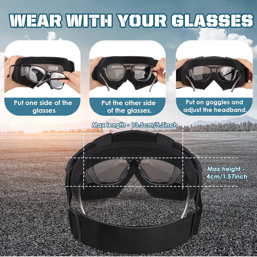 OXG OTG design goggles fit over prescription glasses securely with adjustable strap.
