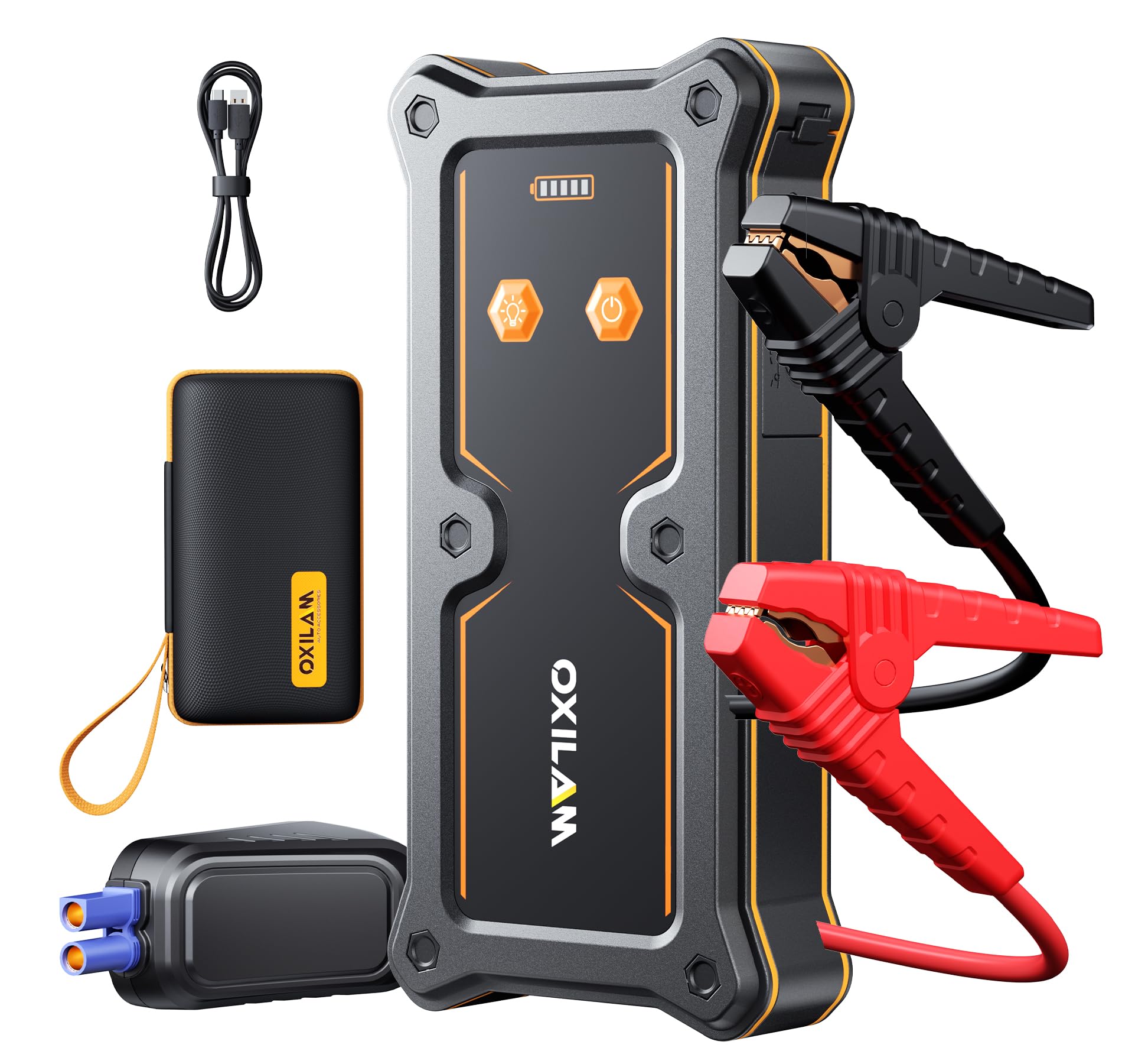OXILAM 8000A jump starter front view shows compact power for quick vehicle starts