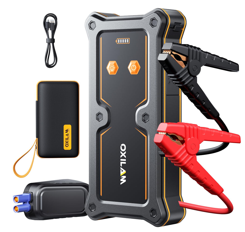 OXILAM 8000A jump starter front view shows compact power for quick vehicle starts