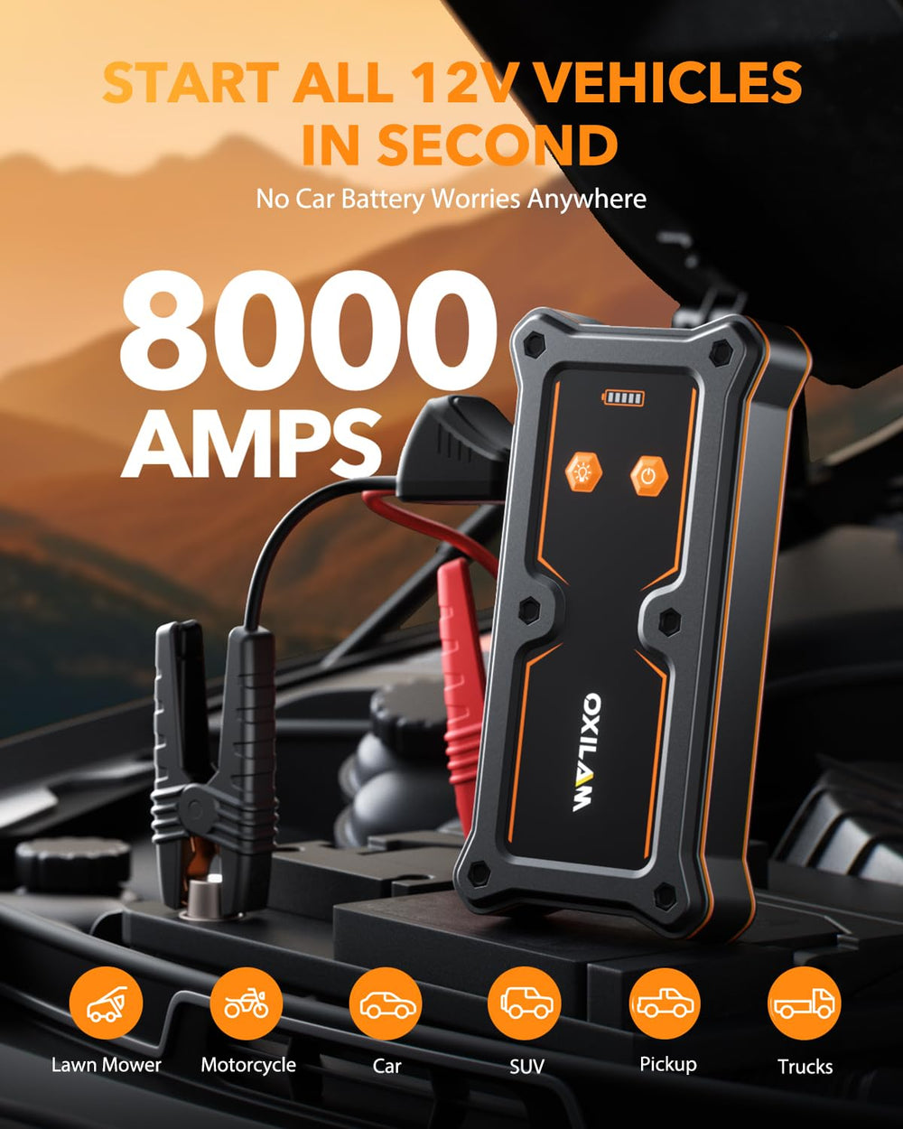 OXILAM 8000A jump starter side view highlights rugged construction for outdoor reliability