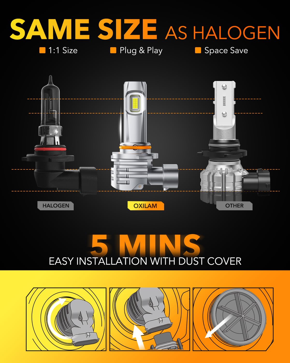 OXILAM 9005 LED bulbs plug and play, no wiring required
