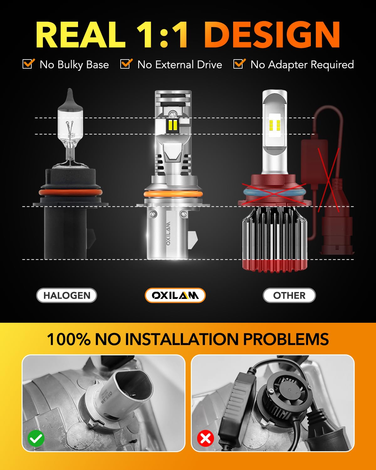 OXILAM 9007 LED bulbs 360-beam pattern highlights even illumination with no dark spots.