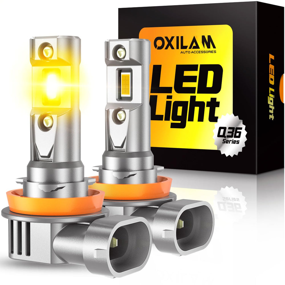 OXILAM H11 amber fog light beam improves fog visibility.
