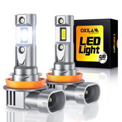 OXILAM H11 LED bulb close-up showing bright chips for enhanced night visibility.
