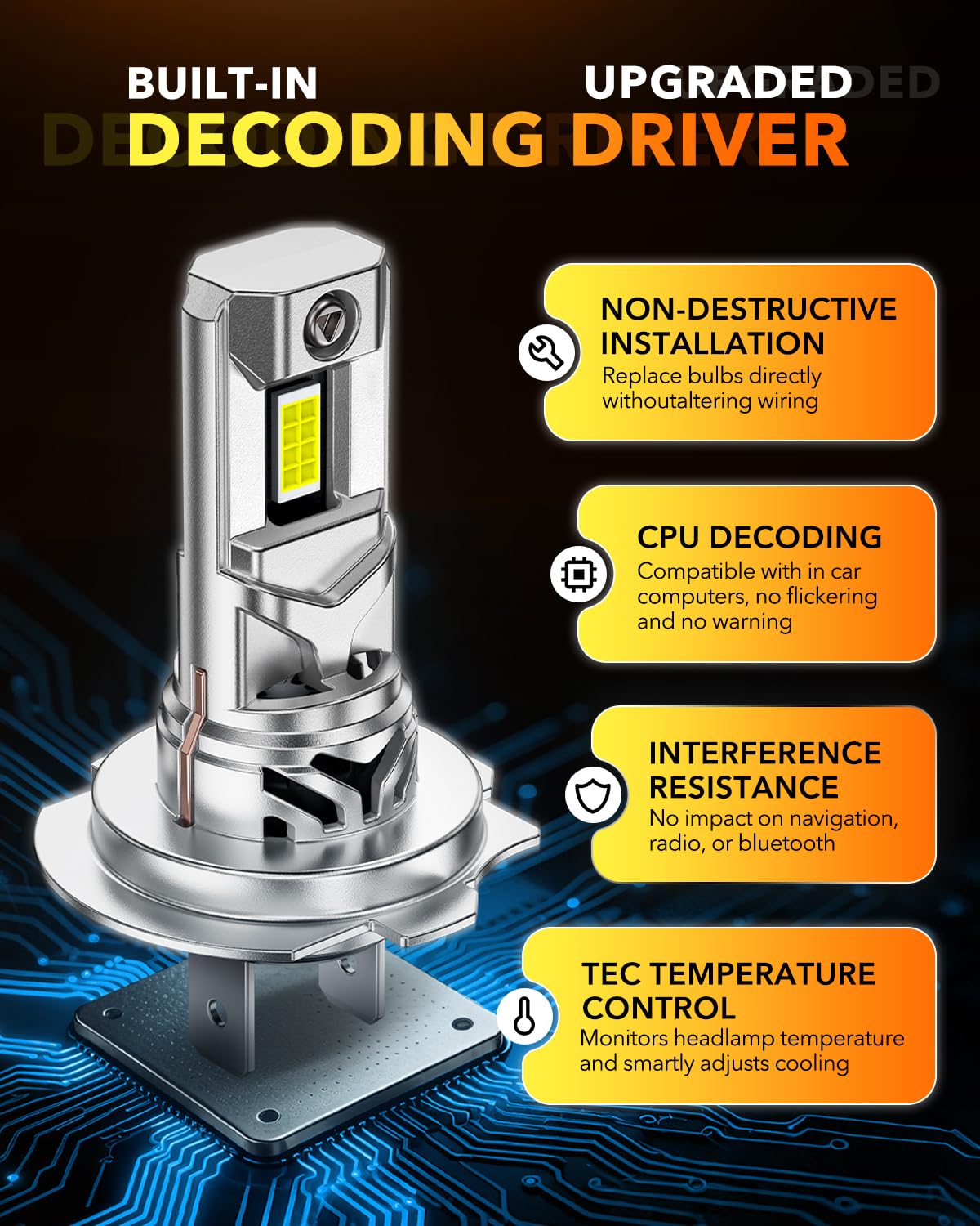 OXILAM H7 LED bulb anti-flicker design reduces glare for oncoming traffic.