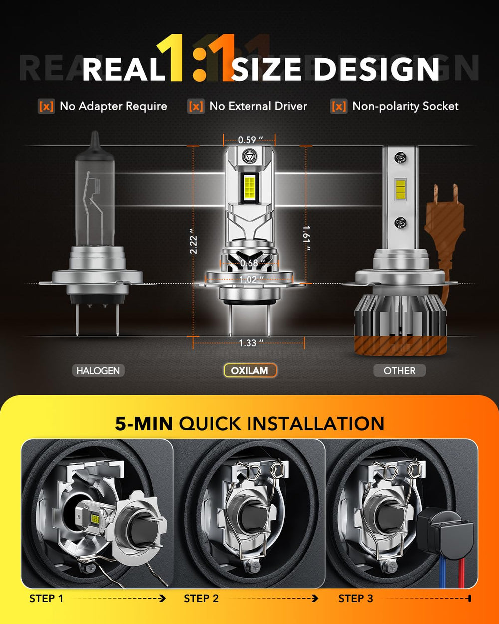 OXILAM H7 LED bulb five-minute plug enables fast, tool-free fit.