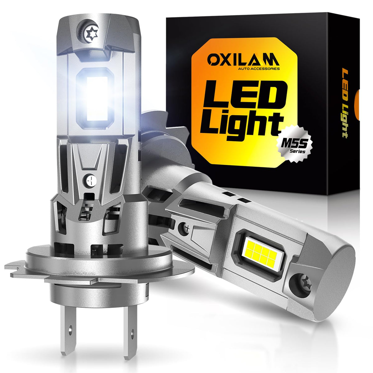 OXILAM H7 LED bulb front view showing compact 1:1 design for easy fit.