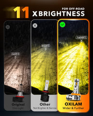 OXILAM H8 amber fog light beam enhances snow visibility.