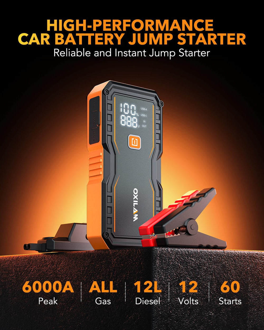 OXILAM Jump Starter 6000A USB and Type-C ports for fast charging