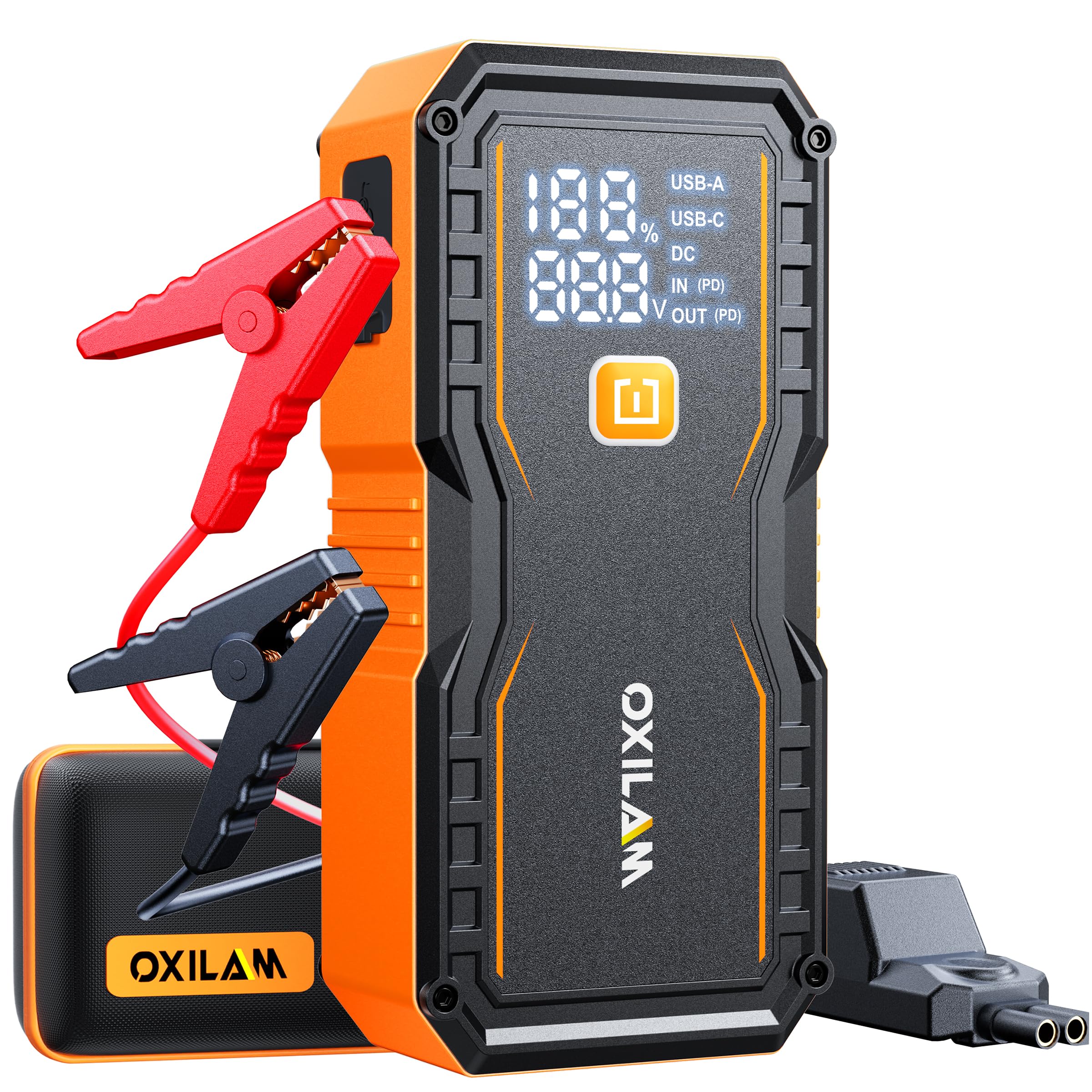 OXILAM jump starter front view highlighting 10000A peak power and clamps.