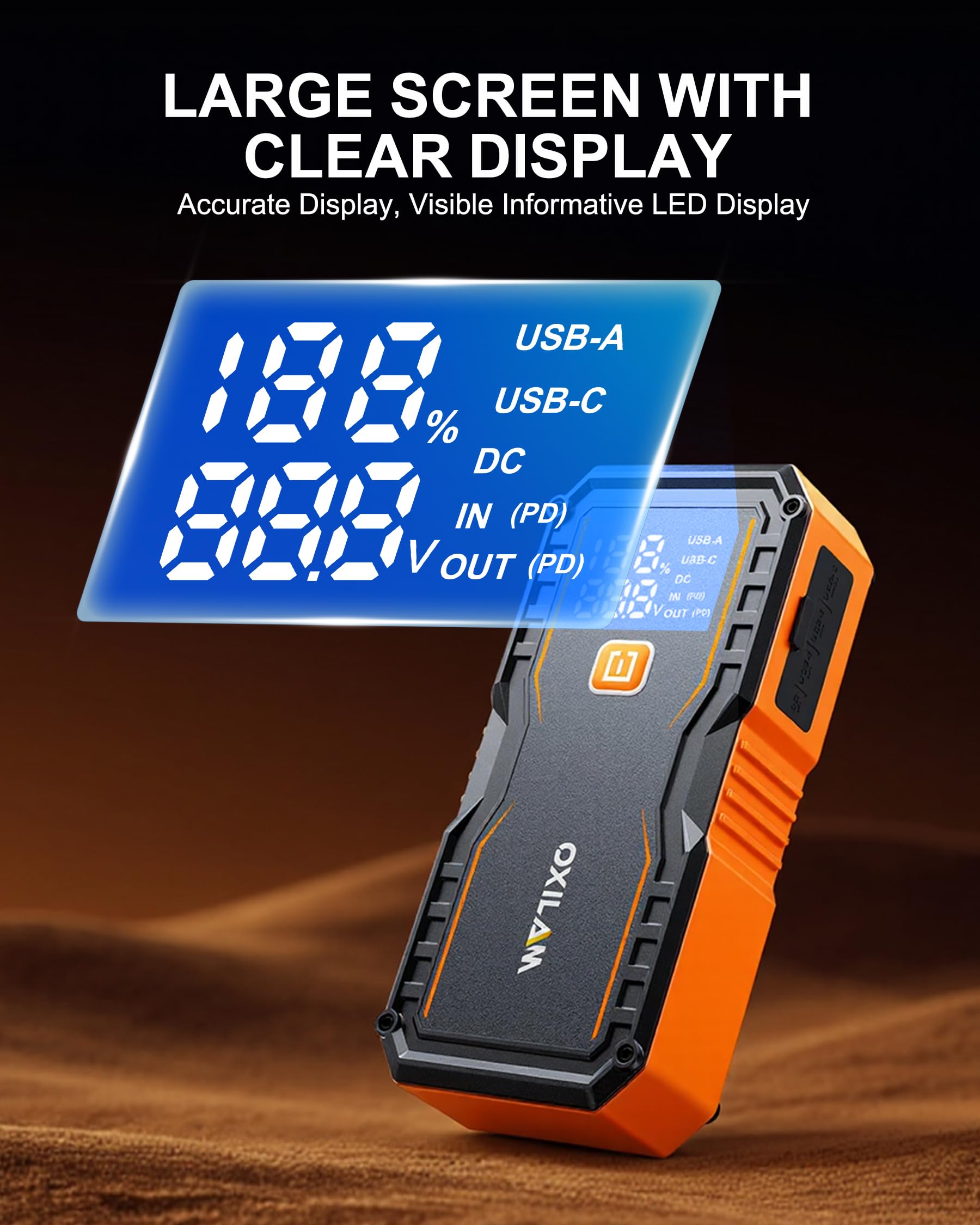 OXILAM jump starter 1600-lumen LED light with emergency modes.