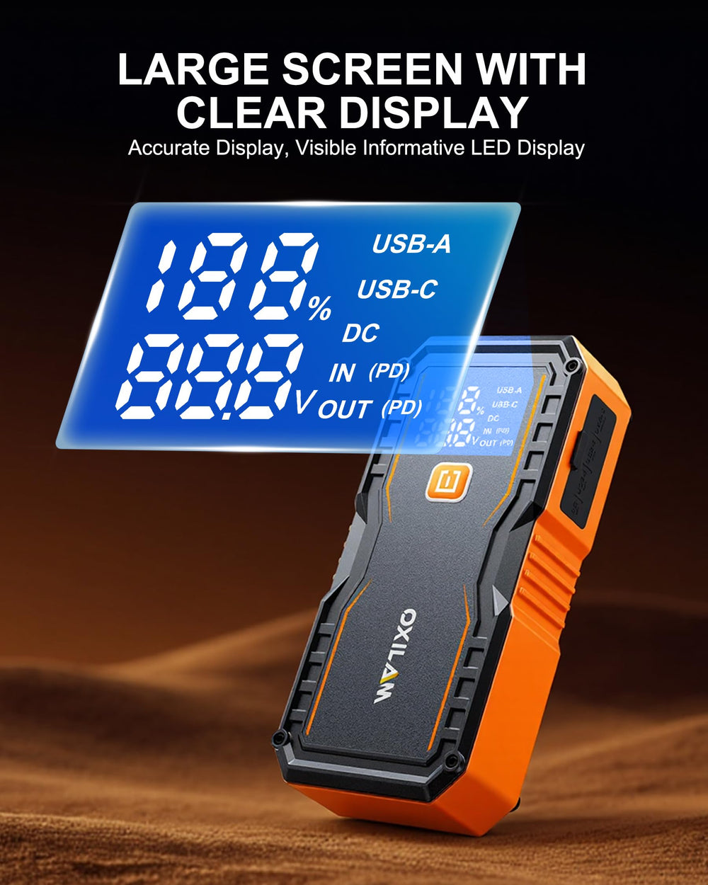 OXILAM jump starter 1600-lumen LED light with emergency modes.
