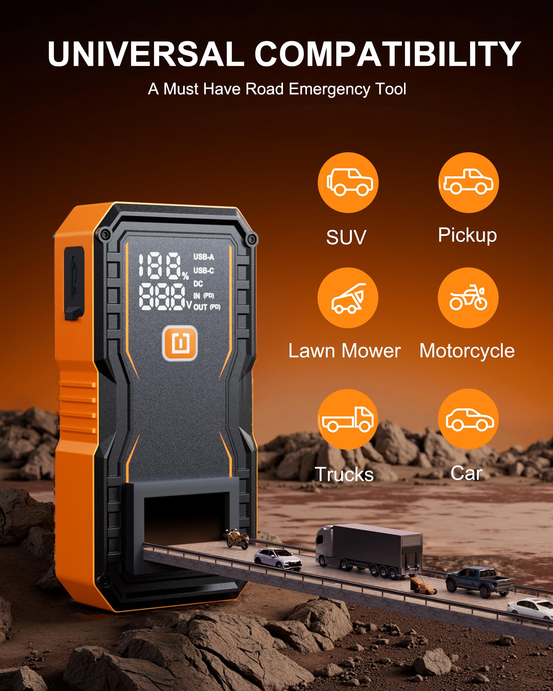 OXILAM jump starter Type-C and USB ports for fast charging.