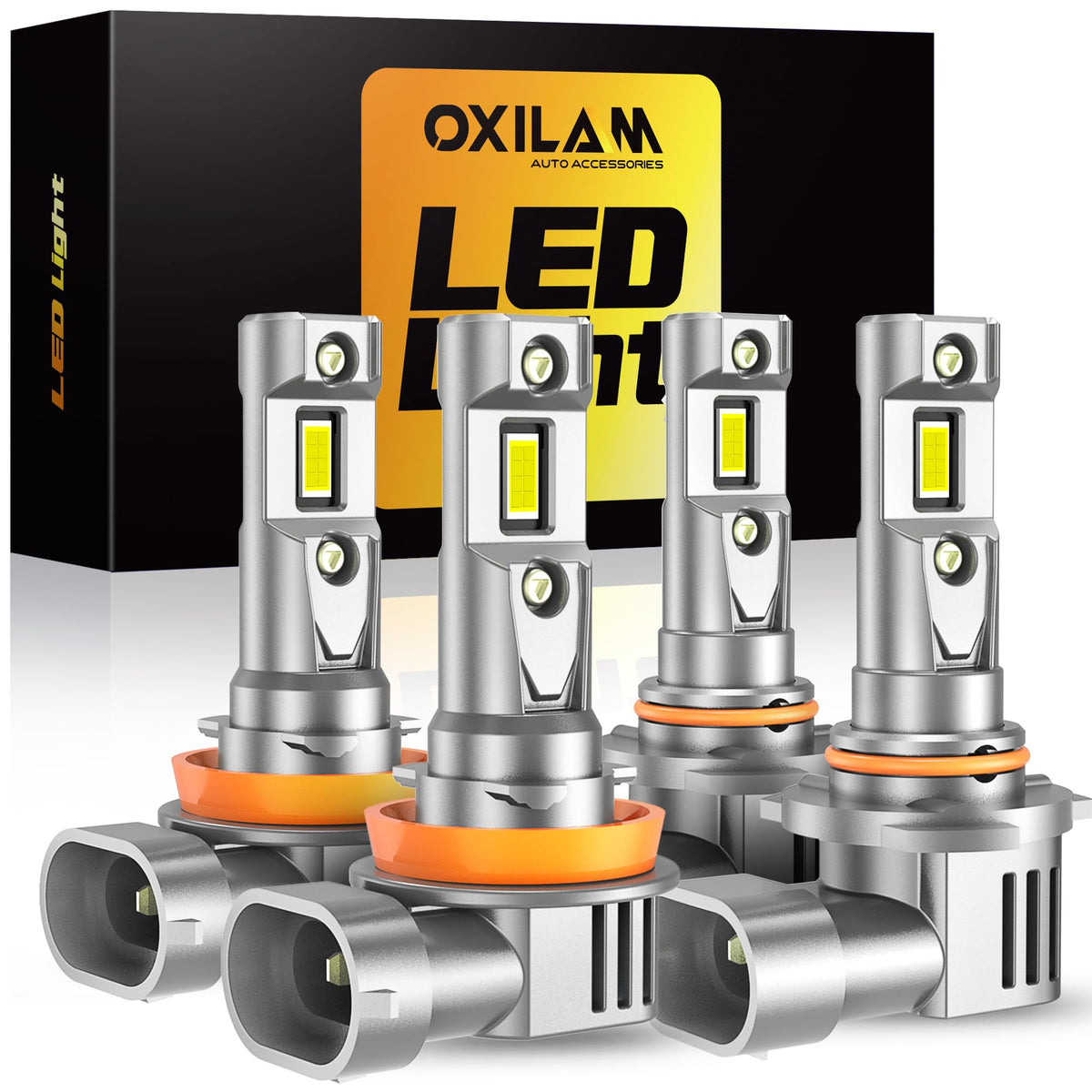 OXILAM Q36 H11 9005 LED bulb front view showing bright forward lighting
