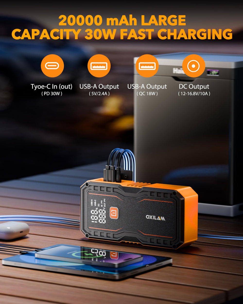 OXILAM rugged waterproof shell protects the unit in adverse weather.