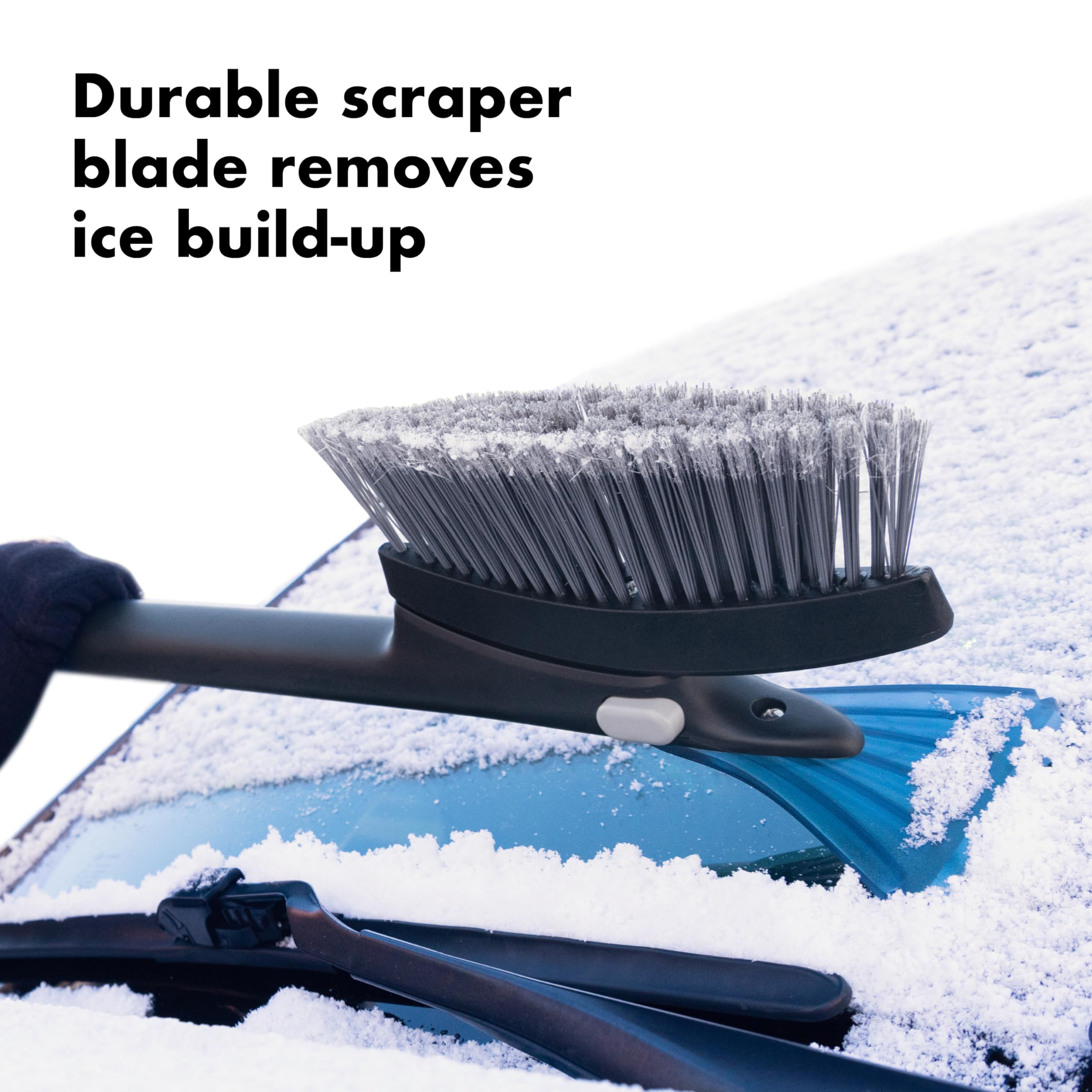 OXO Good Grips snowbrush scraper blade removes ice efficiently without scratching glass.