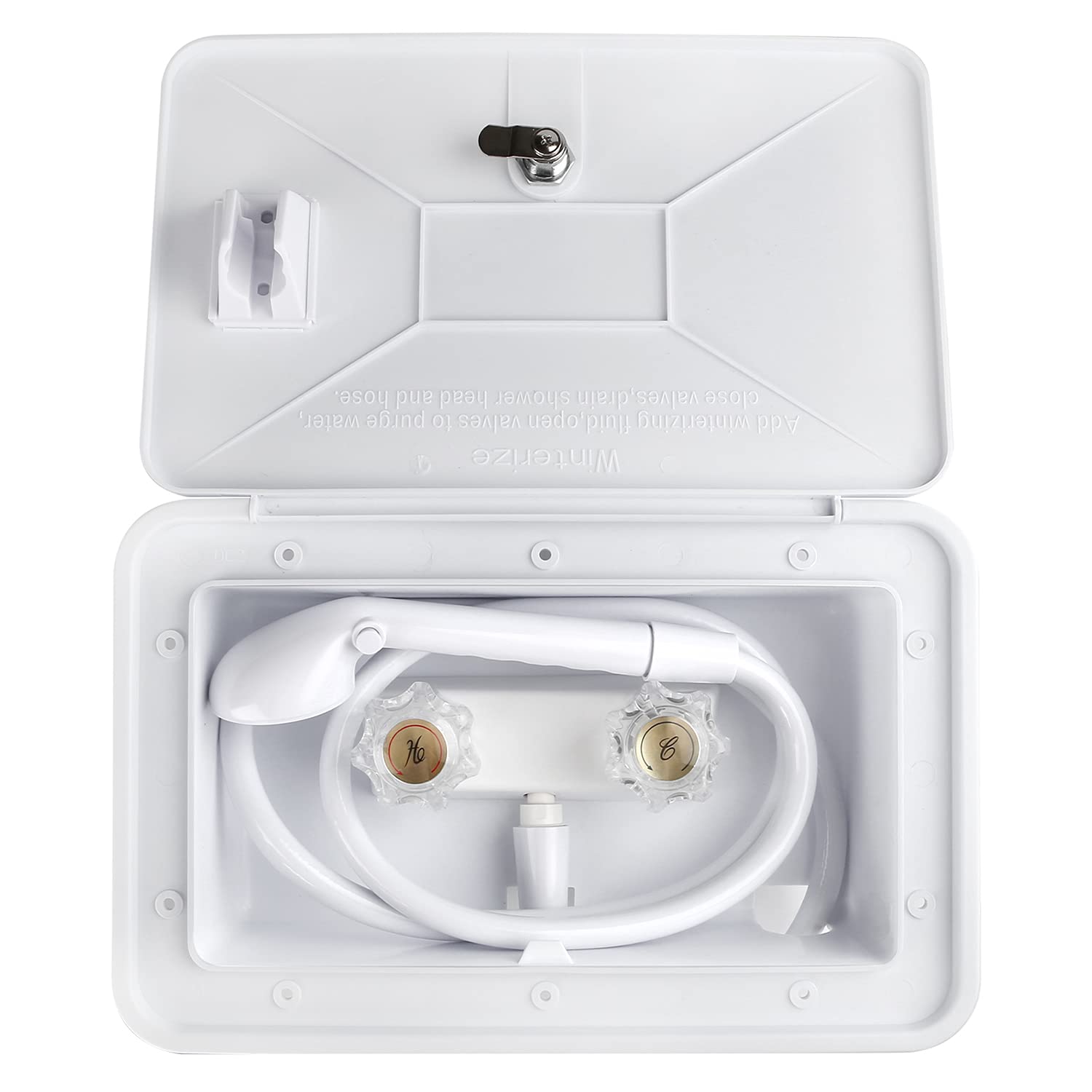 OYMOV shower box front view with lid and lock