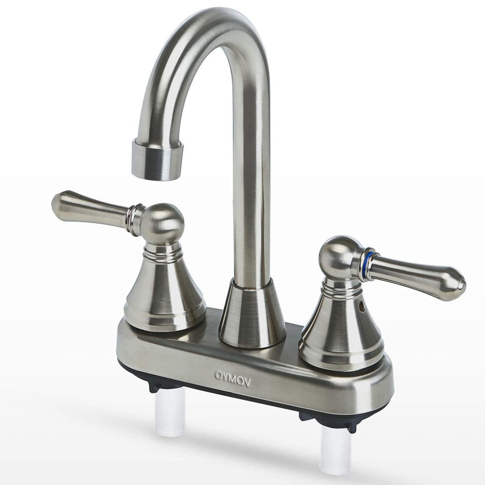OYMOV RV faucet front view in brushed nickel, showcasing classic two-handle control.