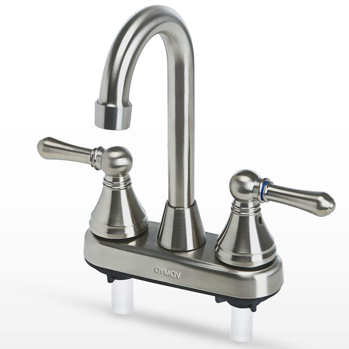 OYMOV RV faucet front view in brushed nickel, showcasing classic two-handle control.