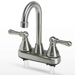 OYMOV RV faucet front view in brushed nickel, showcasing classic two-handle control.