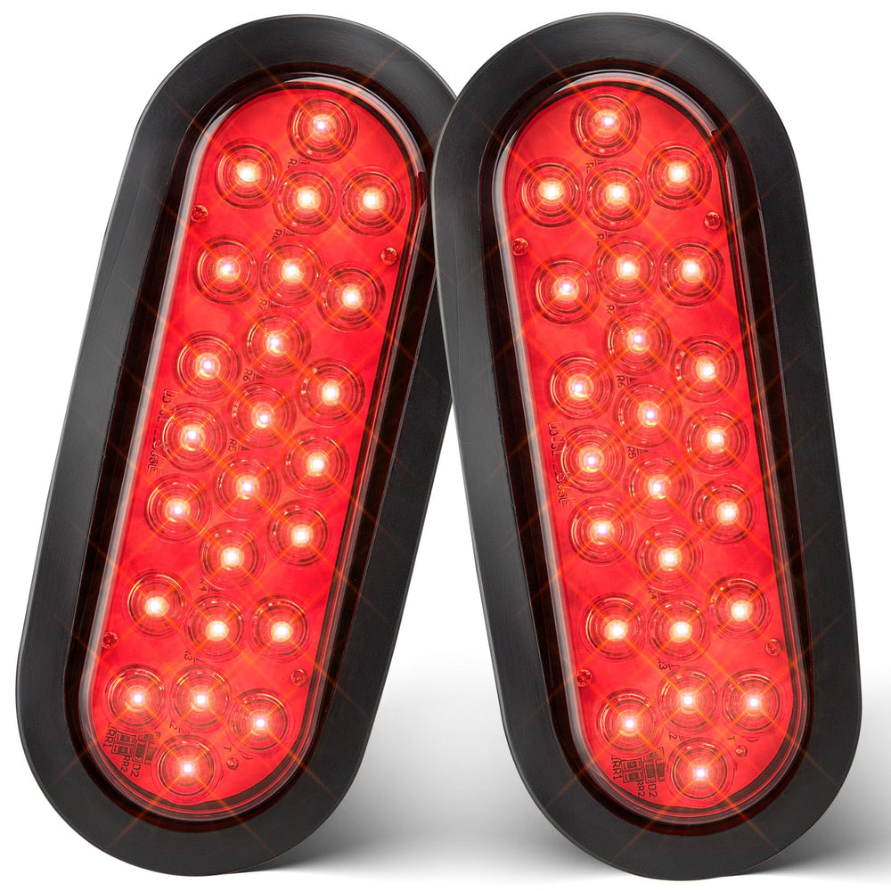 Oyviny 6-inch oval red LED trailer light with ears for secure fit on rough roads.