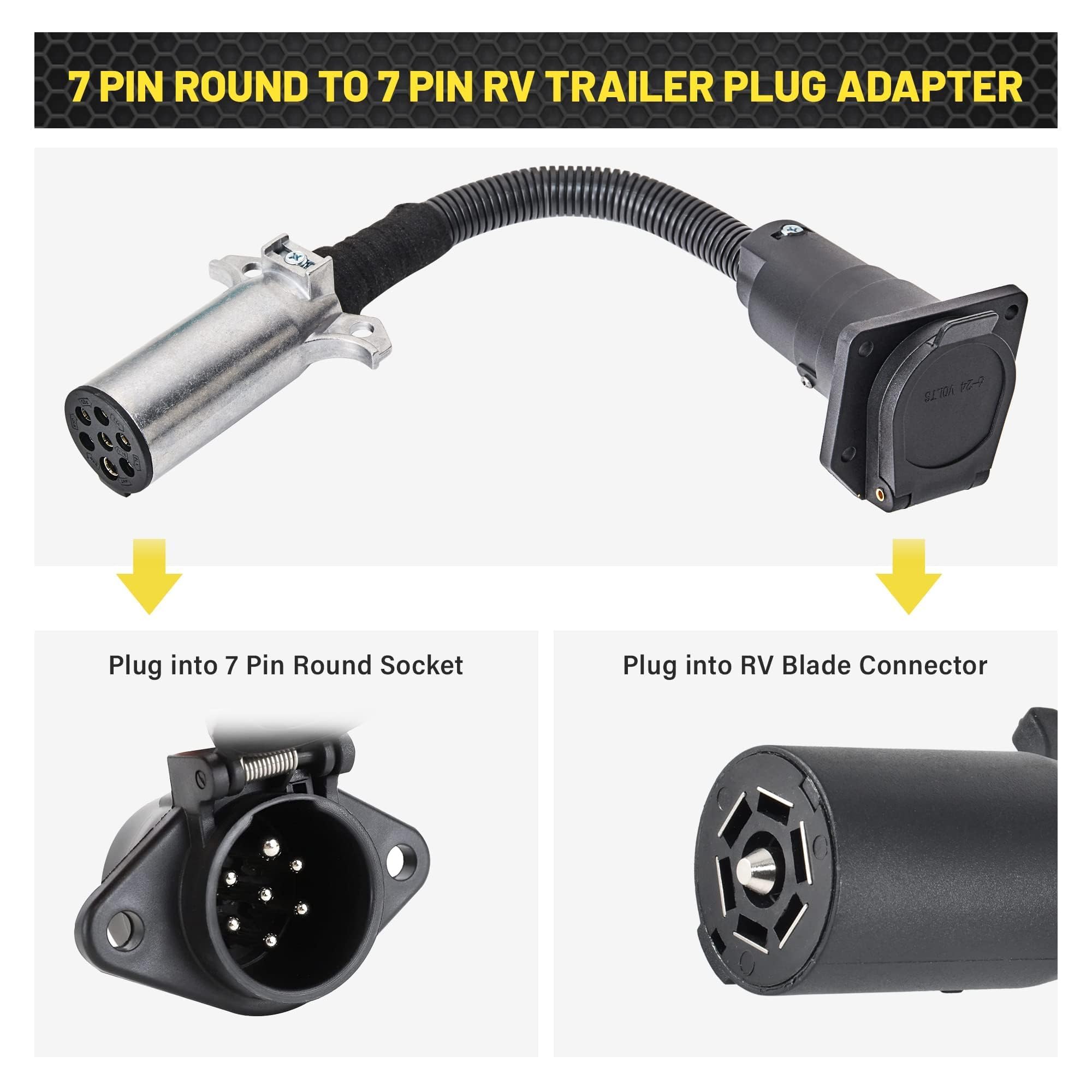 Oyviny 7-pin round to 7-pin blade adapter with dust cover protects terminals outdoors.